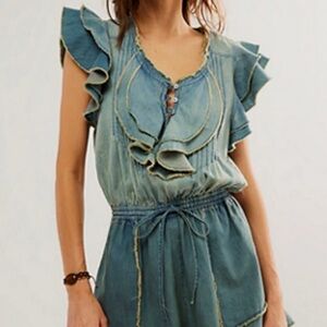 Free People Blue Ruffle Jumpsuit